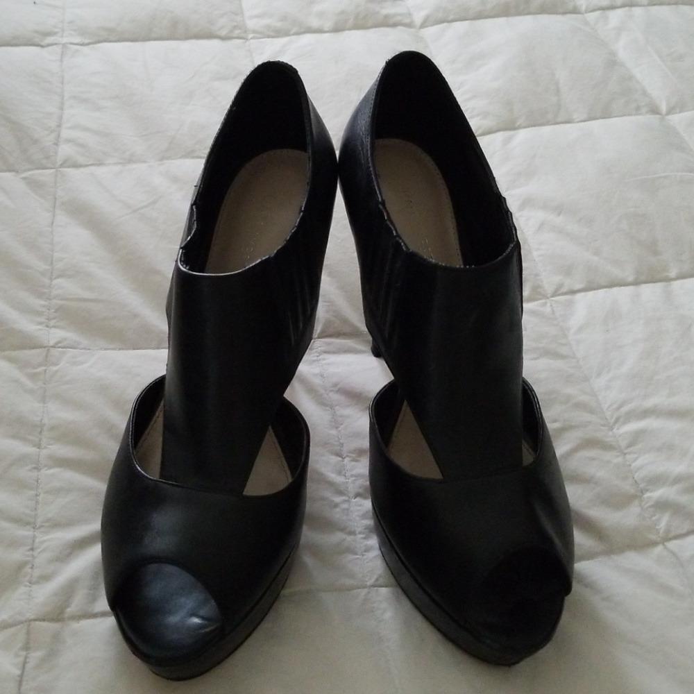 Black open toe leather booties